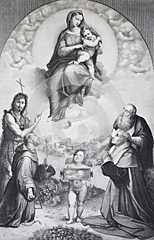 TheÂ Madonna of Foligno by Raphael Sanzio in a vintage book Rafael`s Madonnen, by A. Gutbier, 1881, Dresden